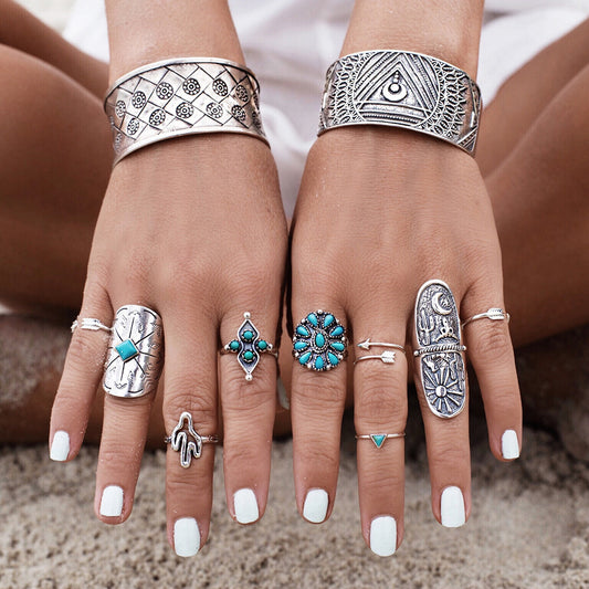 New retro bohemian ethnic style nine-piece turquoise gemstone ring hand jewelry combination set alfamoba