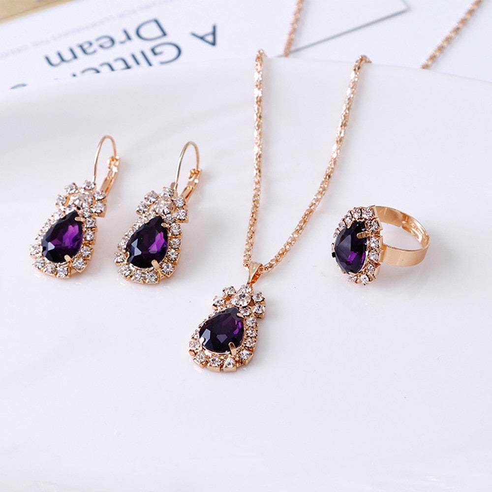 Luxury Water Drop Rhinestone Necklace Earrings Ring Set Shiny Fashion Elegant Women Bridal Jewelry Sets alfamoba