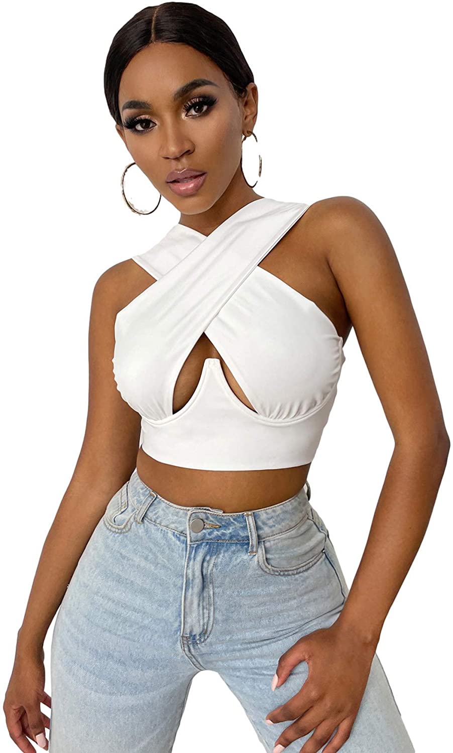 Women's Criss Cross Tank Tops Sexy Sleeveless Solid Color Cutout Front Crop Tops Party Club Streetwear Summer Lady Bustier Tops alfamoba