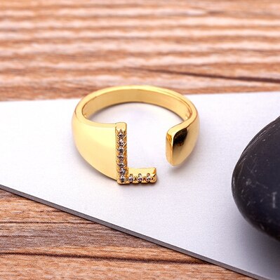 Fashion Chunky Wide Hollow A-Z Letter Gold Color Adjustable Opening Ring Initials Name Alphabet Female Party Wedding Jewelry alfamoba