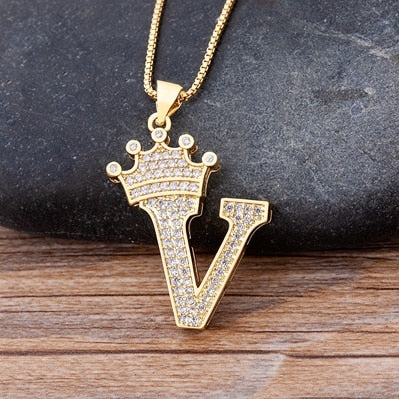 New Luxury Copper Zircon A-Z Crown Alphabet Pendant Chain Necklace Punk Hip-Hop Style Fashion Woman Man Initial Name Jewelry alfamoba