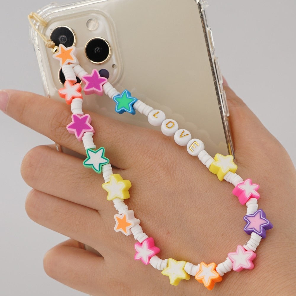 Shinus Heishi Disc Beads Crystal Chain For Phone Mobile Phone Lanyard Smile Cell Phone Chains 2021 LOVE Letter String Wristband alfamoba