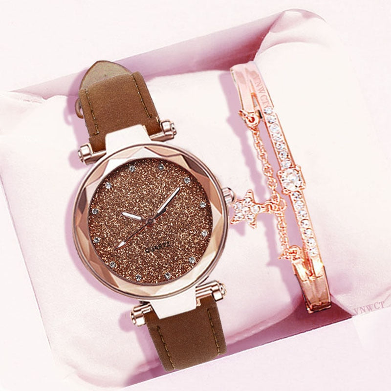 Casual Women Romantic Starry Sky Wrist Watch bracelet Leather Rhinestone Designer Ladies Clock Simple Dress Gfit  Montre Femme alfamoba