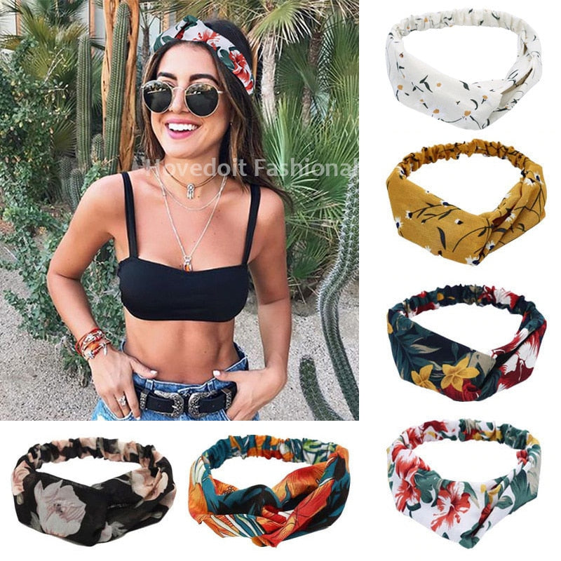 Fashion Women Girls Summer Bohemian Hair Bands Print Headbands Vintage Cross Turban Bandage Bandanas HairBands Hair Accessories alfamoba