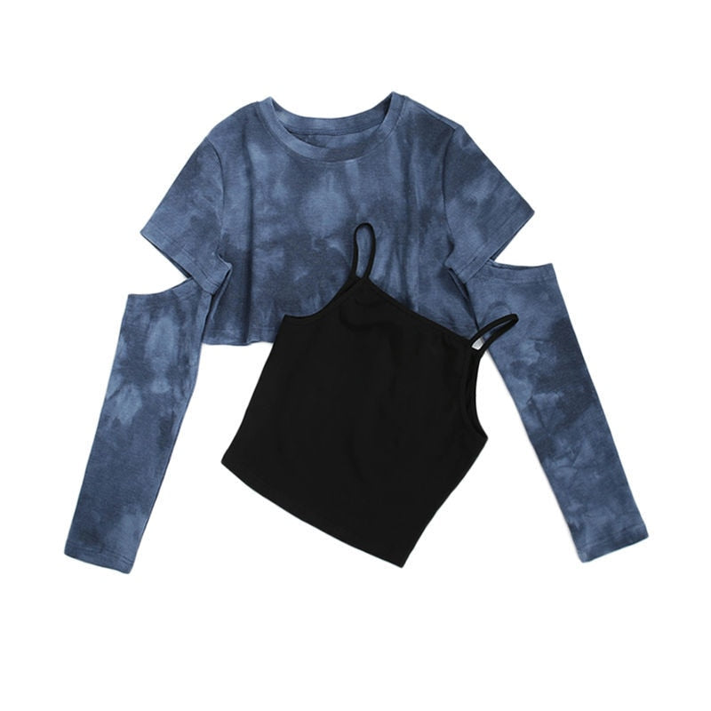 Tie Dye T-shirts Women Blue Removable Sleeve Trendy Korean Style Chic Club Streetwear Popular Female Crop Top Ins Sexy Slim Cozy alfamoba