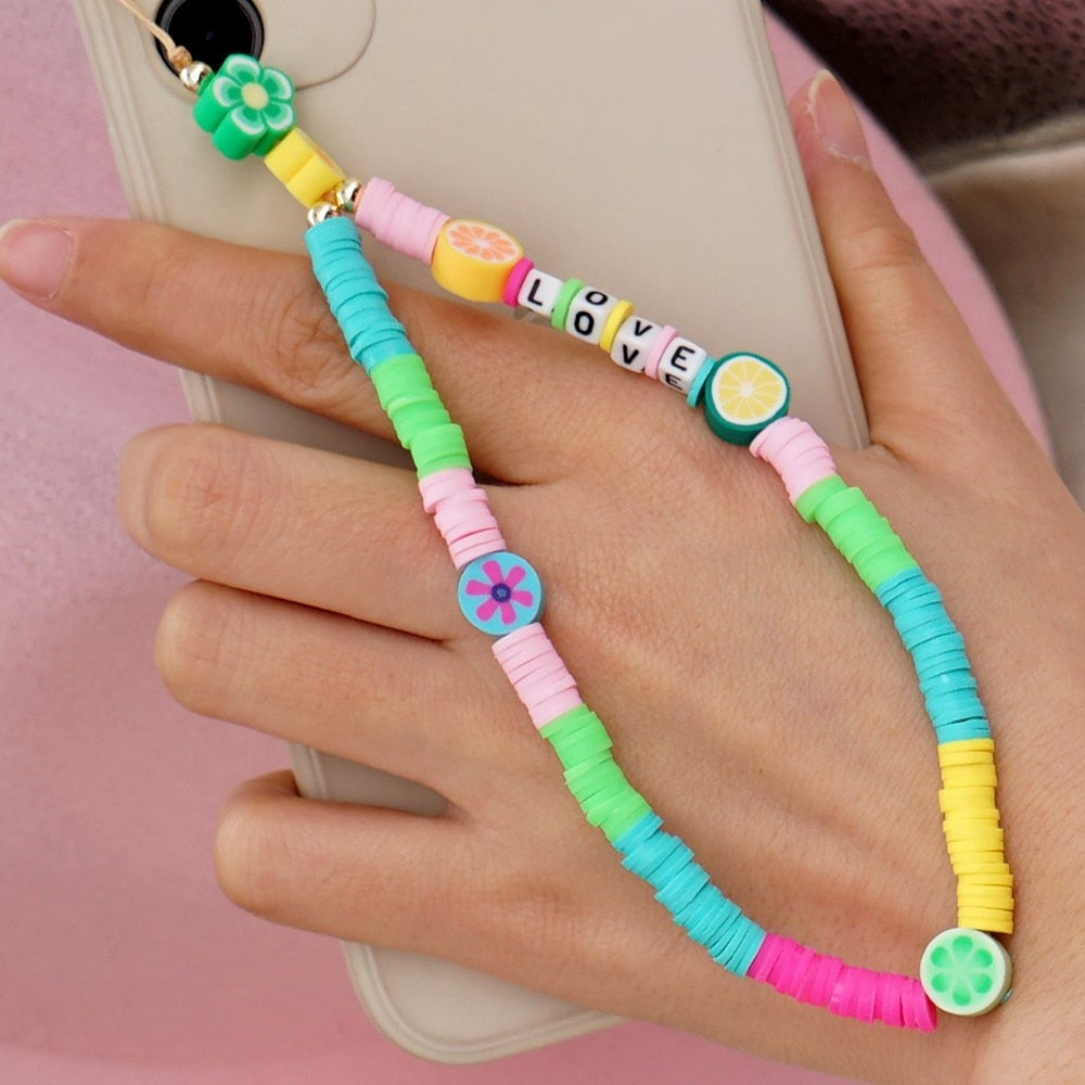 Shinus Heishi Disc Beads Crystal Chain For Phone Mobile Phone Lanyard Smile Cell Phone Chains 2021 LOVE Letter String Wristband alfamoba