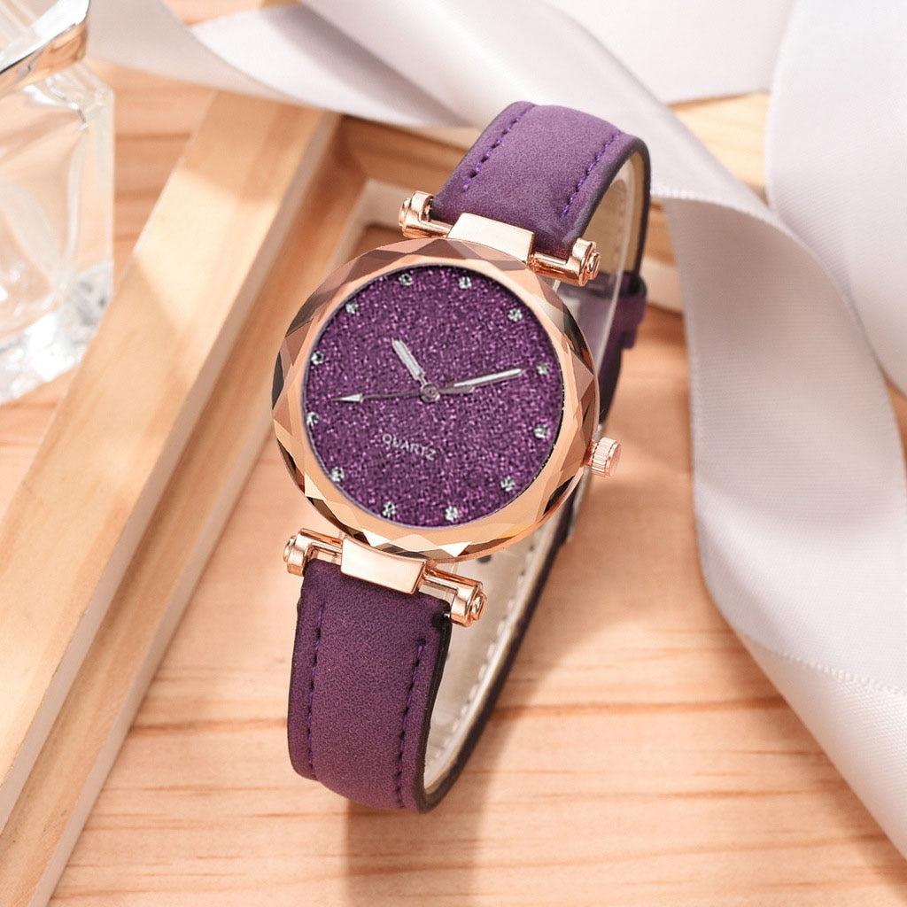 Casual Women Romantic Starry Sky Wrist Watch bracelet Leather Rhinestone Designer Ladies Clock Simple Dress Gfit  Montre Femme alfamoba