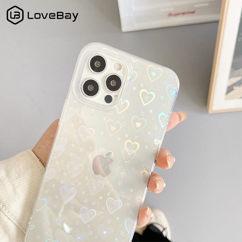 Fashion Gradient Laser Love Heart Pattern Clear Phone Case For iPhone 11 12 Pro Max X XS XR 7 8 Plus SE 2020 Shockproof Bumper alfamoba