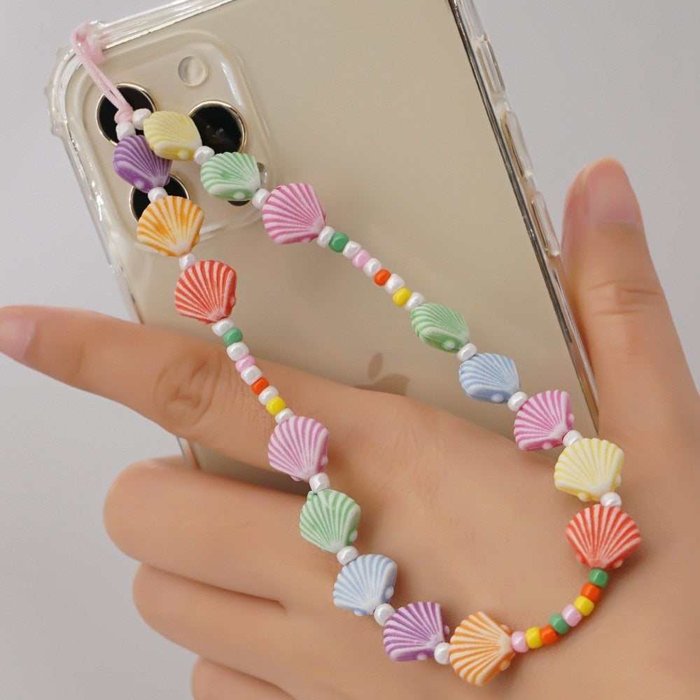 Shinus Heishi Disc Beads Crystal Chain For Phone Mobile Phone Lanyard Smile Cell Phone Chains 2021 LOVE Letter String Wristband alfamoba