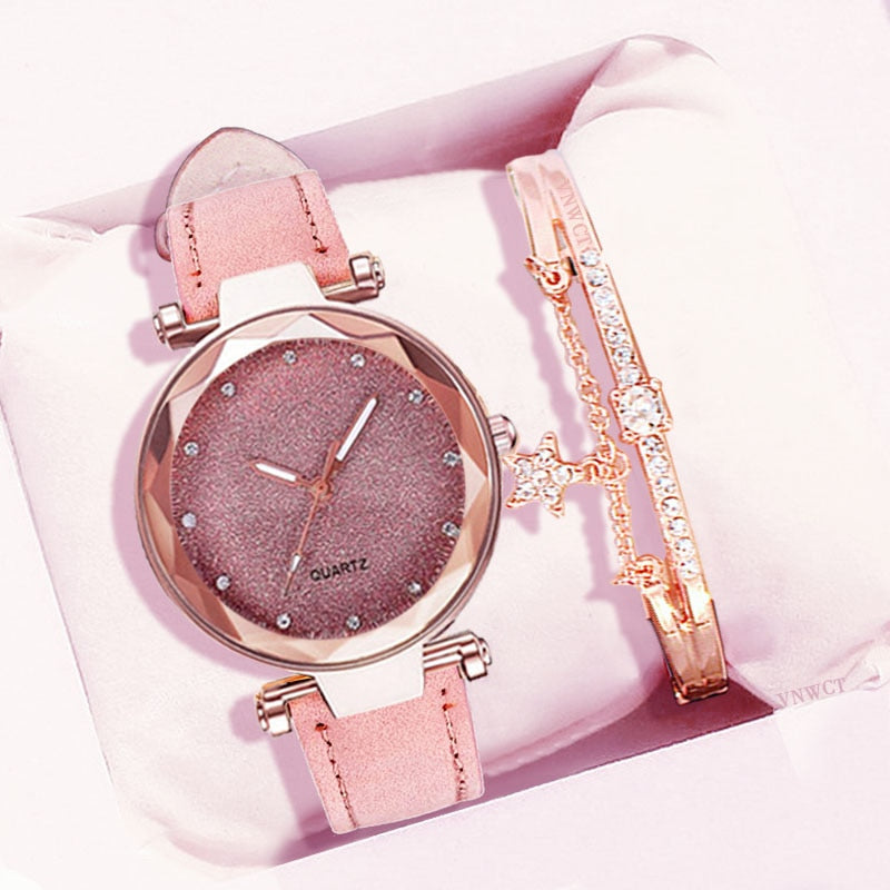 Casual Women Romantic Starry Sky Wrist Watch bracelet Leather Rhinestone Designer Ladies Clock Simple Dress Gfit  Montre Femme alfamoba