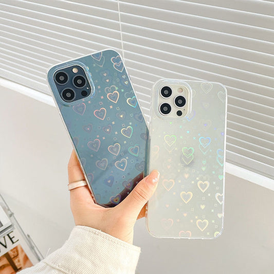 Fashion Gradient Laser Love Heart Pattern Clear Phone Case For iPhone 11 12 Pro Max X XS XR 7 8 Plus SE 2020 Shockproof Bumper alfamoba