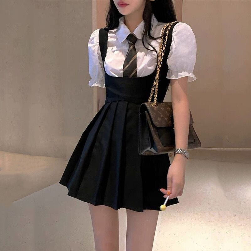 Women Dress Sets Preppy Style Slim High Street Girl Sweet Ins Puff Sleeve Shirts Pleated Dresses Student Harajuku Ulzzang JK Hot alfamoba