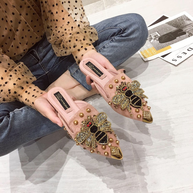 Pointed Rhinestone Rivet Flat Women Slippers 2021 Slip-On Mules Loafer Sandals Slides Beach Ladies Shoes Metal Bee Suede Females alfamoba