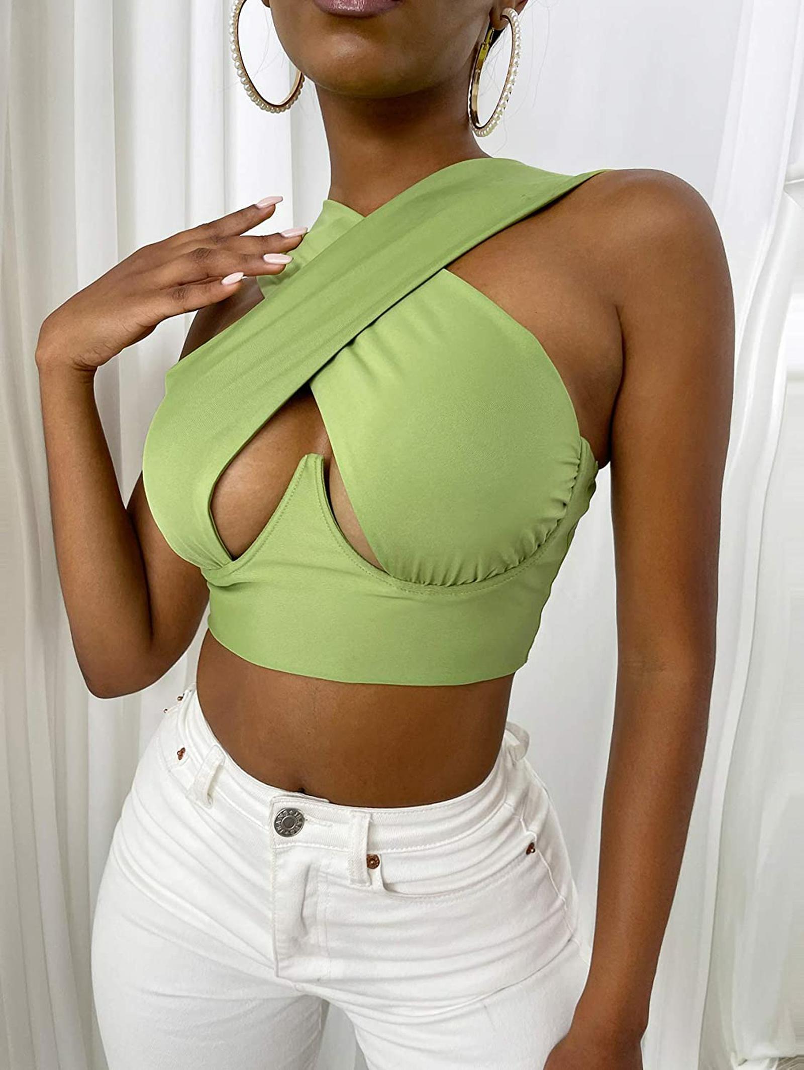 Women's Criss Cross Tank Tops Sexy Sleeveless Solid Color Cutout Front Crop Tops Party Club Streetwear Summer Lady Bustier Tops alfamoba