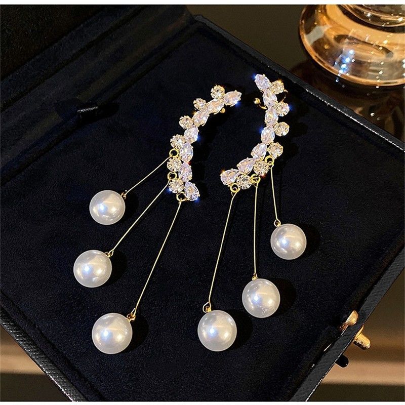 New personality fashion design zircon earrings for women light luxury web celebrity temperament tassels pearl earrings for women alfamoba