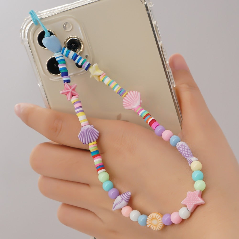 Shinus Heishi Disc Beads Crystal Chain For Phone Mobile Phone Lanyard Smile Cell Phone Chains 2021 LOVE Letter String Wristband alfamoba