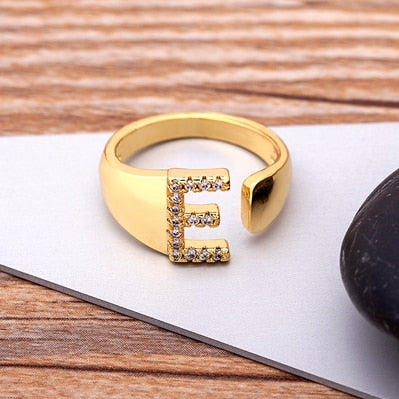 Fashion Chunky Wide Hollow A-Z Letter Gold Color Adjustable Opening Ring Initials Name Alphabet Female Party Wedding Jewelry alfamoba