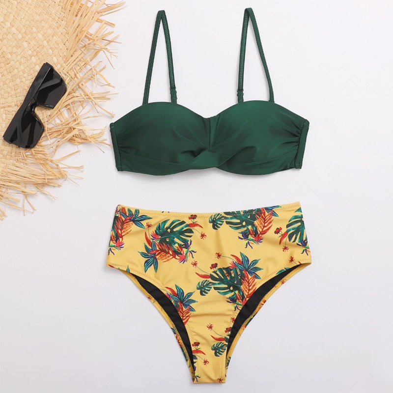 Striped Lace Ruffle Push Up Women Bandeau Swimsuit Female Swimwear Bra Cup Bikini set High Cut Bathing Suit F72 alfamoba