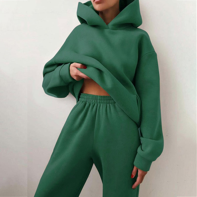 Women's Tracksuit Casual Solid Long Sleeve Hooded Sport Suits Autumn Warm Hoodie Sweatshirts and Long Pant Fleece Two Piece Sets alfamoba