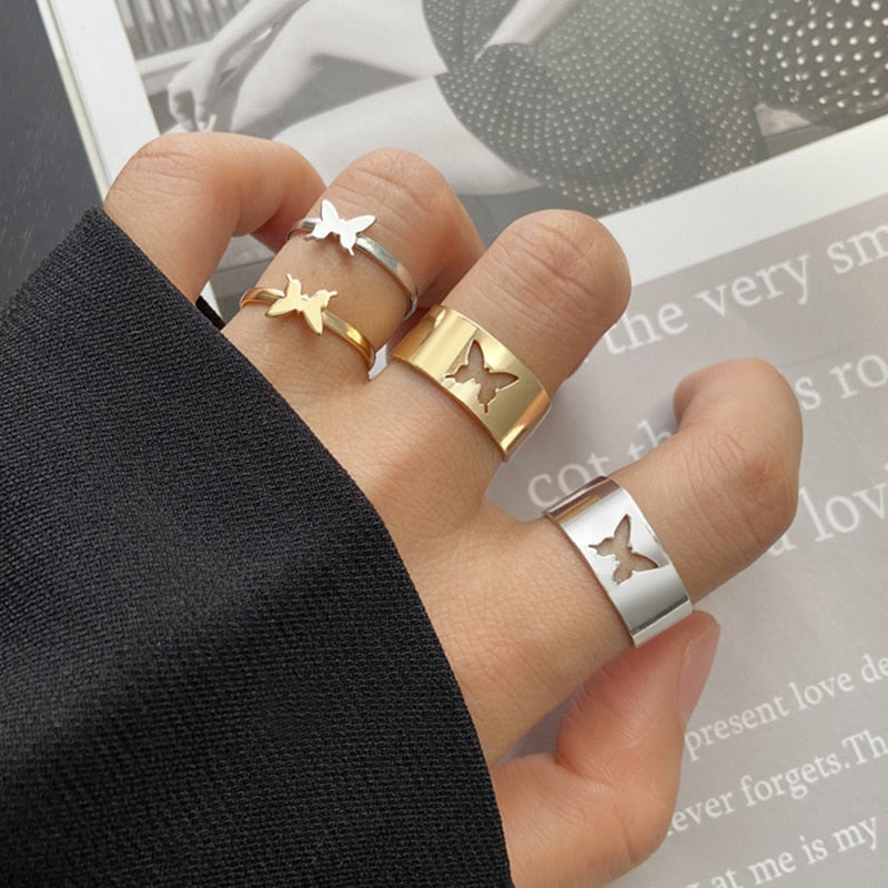 Trendy Gold Butterfly Rings For Women Men Lover Couple Rings Set Friendship Engagement Wedding Open Rings 2021 Jewelry alfamoba