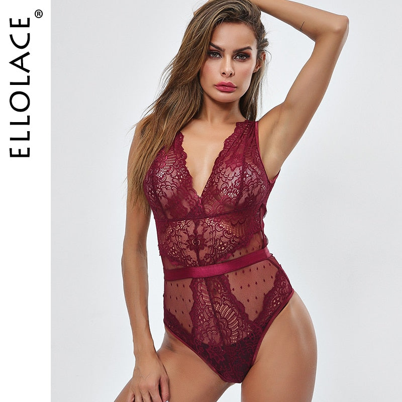 Ellolace Summer Lace Bodysuit Women Embroidery Transparent Deep V Neck Sexy Bodys Dot Bodycon Mesh Top Sleeveless Femlae Body alfamoba