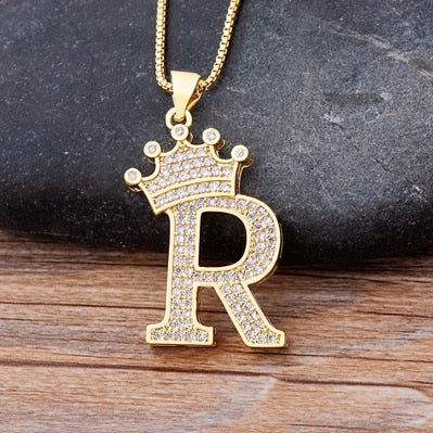 New Luxury Copper Zircon A-Z Crown Alphabet Pendant Chain Necklace Punk Hip-Hop Style Fashion Woman Man Initial Name Jewelry alfamoba