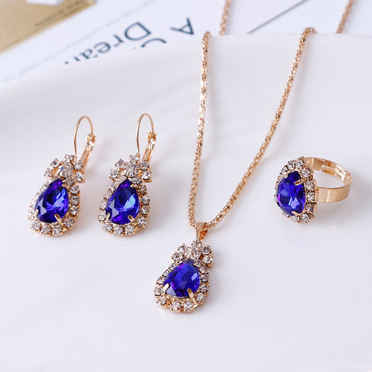 Luxury Water Drop Rhinestone Necklace Earrings Ring Set Shiny Fashion Elegant Women Bridal Jewelry Sets alfamoba