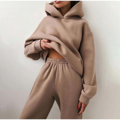 Women's Tracksuit Casual Solid Long Sleeve Hooded Sport Suits Autumn Warm Hoodie Sweatshirts and Long Pant Fleece Two Piece Sets alfamoba