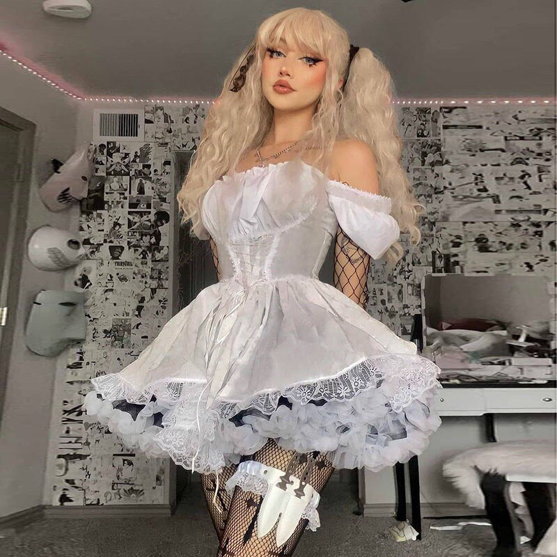 JapaneseLolita style women'sprincess black mini dress bad girl high waist gothic dress kawaii puff sleeve lace white party dress alfamoba