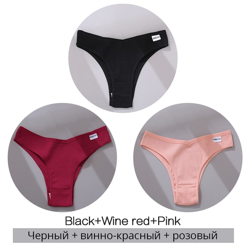 FINETOO Cotton Brazilian Panties Women Sexy V Waist G-String Underwear Female T-back Underpants M-XL Lady Bikini Panty 3Pcs/set alfamoba