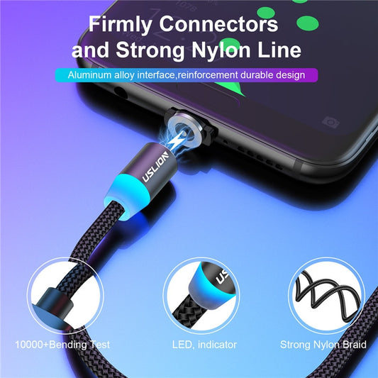 USLION Magnetic USB Cable For iPhone 12 11 Xiaomi Samsung Type C Cable LED Fast Charging Data Charge Micro USB Cable Cord Wire alfredo.barrella7