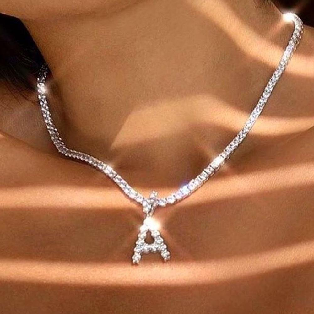 Caraquet Ice out A-Z Letter Initial Pendant Necklace Silver Color Tennis Chain Choker Necklace Female Fashion Statement Jewelry alfamoba