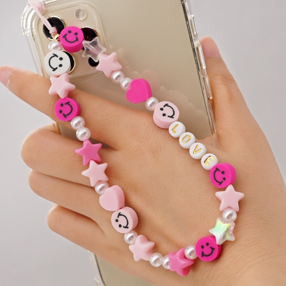 Shinus Heishi Disc Beads Crystal Chain For Phone Mobile Phone Lanyard Smile Cell Phone Chains 2021 LOVE Letter String Wristband alfamoba