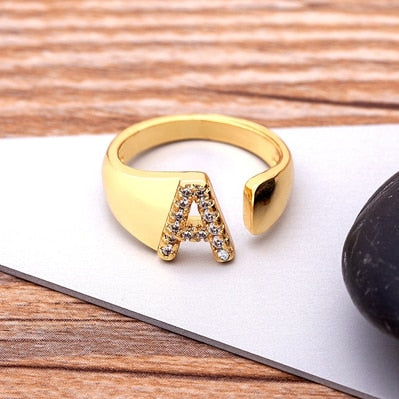 Fashion Chunky Wide Hollow A-Z Letter Gold Color Adjustable Opening Ring Initials Name Alphabet Female Party Wedding Jewelry alfamoba