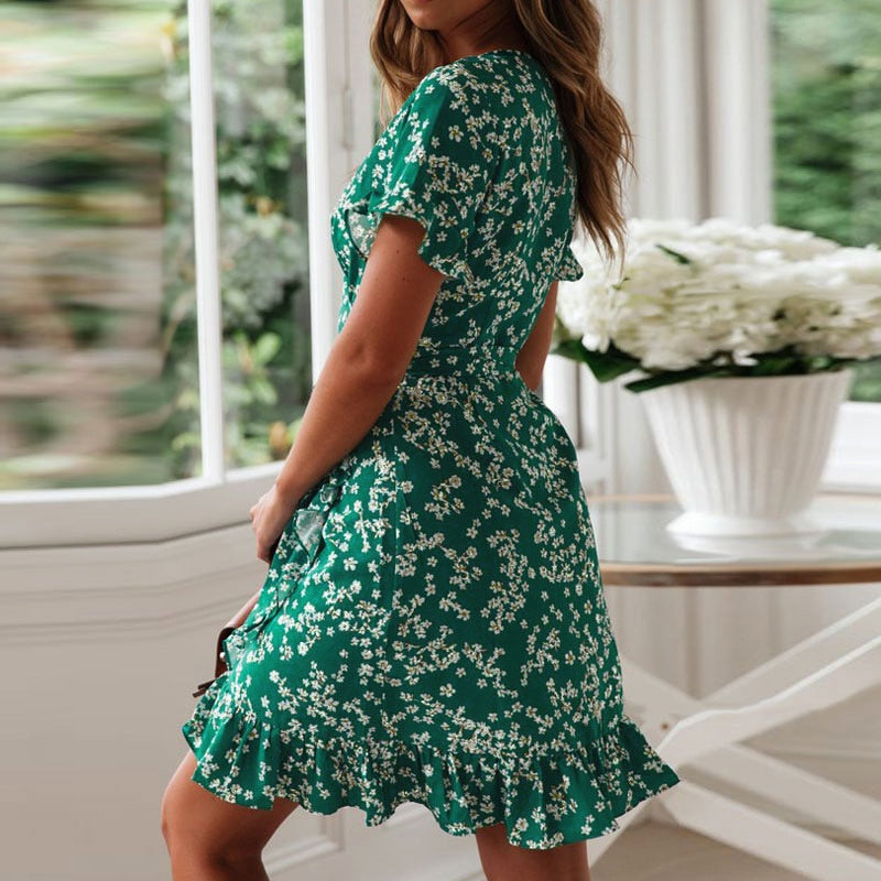 Women Dresses Summer 2020 Sexy V Neck Floral Print Boho Beach Dress Ruffle Short Sleeve A Line Mini Dress Wrap Sundress Robe alfamoba