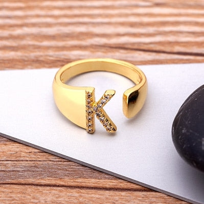 Fashion Chunky Wide Hollow A-Z Letter Gold Color Adjustable Opening Ring Initials Name Alphabet Female Party Wedding Jewelry alfamoba