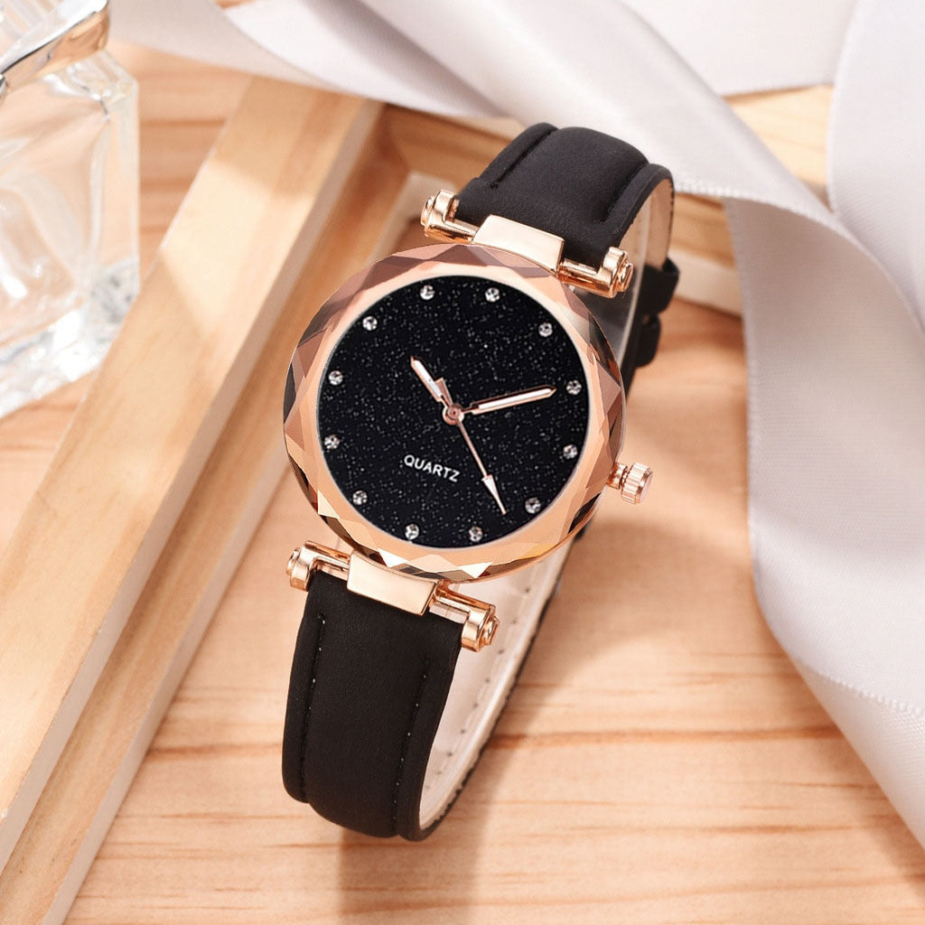 Casual Women Romantic Starry Sky Wrist Watch bracelet Leather Rhinestone Designer Ladies Clock Simple Dress Gfit  Montre Femme alfamoba