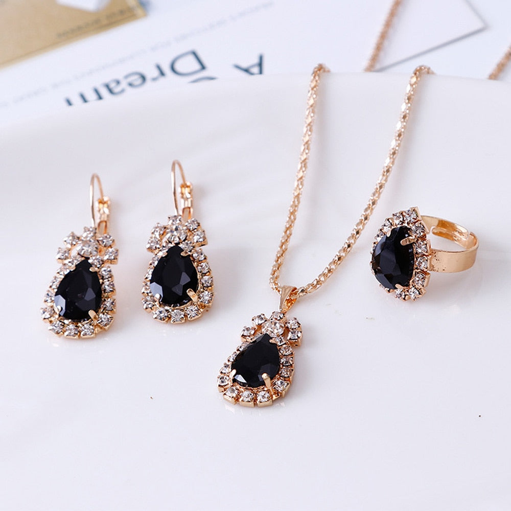 Luxury Water Drop Rhinestone Necklace Earrings Ring Set Shiny Fashion Elegant Women Bridal Jewelry Sets alfamoba