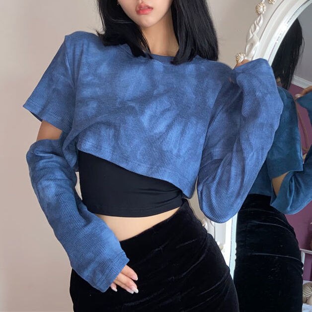 Tie Dye T-shirts Women Blue Removable Sleeve Trendy Korean Style Chic Club Streetwear Popular Female Crop Top Ins Sexy Slim Cozy alfamoba