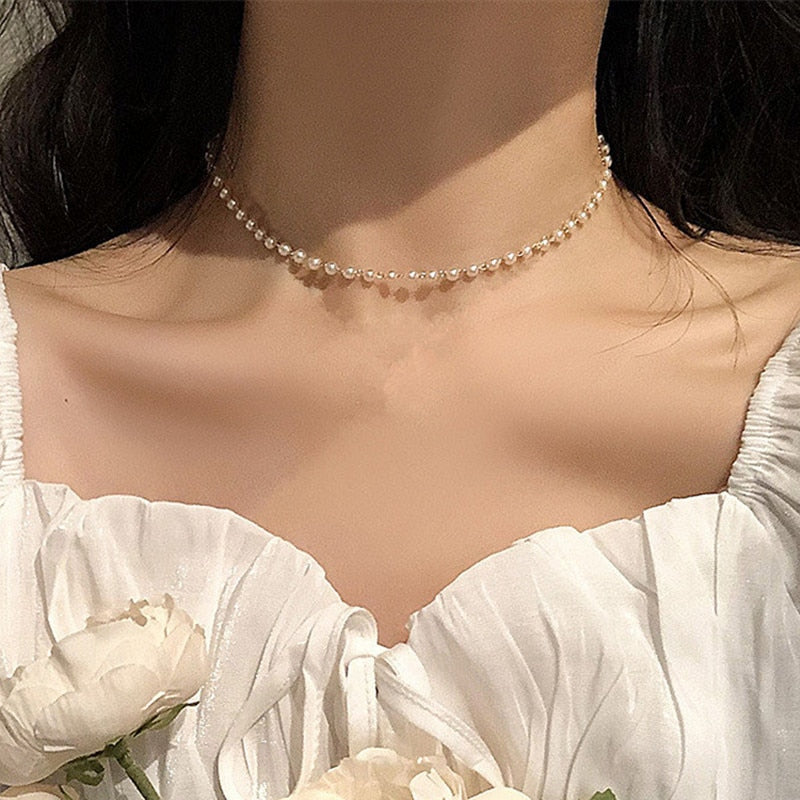 New Beads Women's Neck Chain Kpop Pearl Choker Necklace Gold Color Goth Chocker Jewelry On The Neck Pendant 2021 Collar For Girl alfamoba