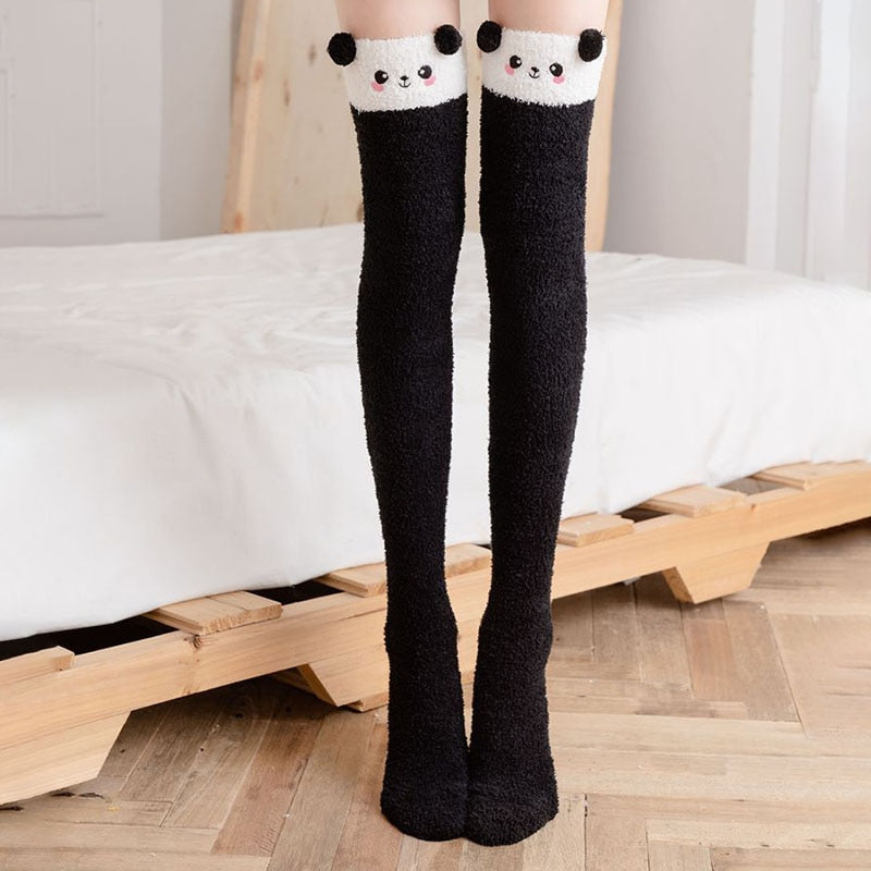 Soft Coral Fleece Knee Socks Winter Warm Girls Women Cute Cartoon Animal Stockings Striped Cozy Long Thigh High Socks Christmas alfamoba