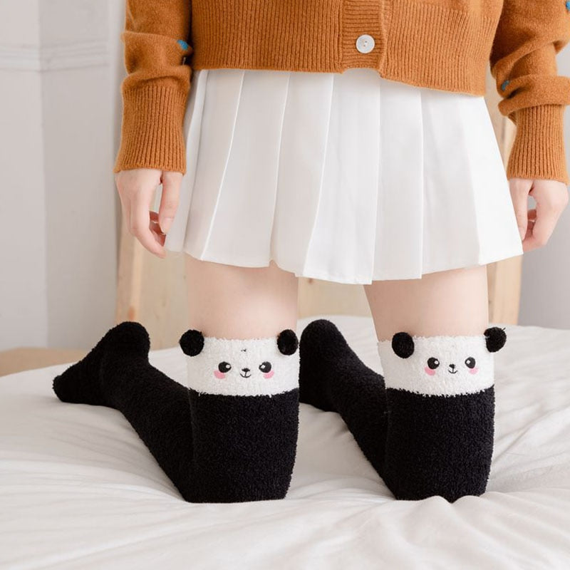 Soft Coral Fleece Knee Socks Winter Warm Girls Women Cute Cartoon Animal Stockings Striped Cozy Long Thigh High Socks Christmas alfamoba