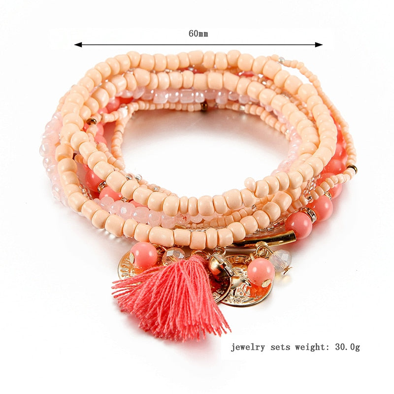 Women Bohemian Jewelry Multilayer Elastic Set Bracelets Bangles With Tassel Gold Coin Glass Beads Charm Wrap Bracelet Femme Gift alfamoba