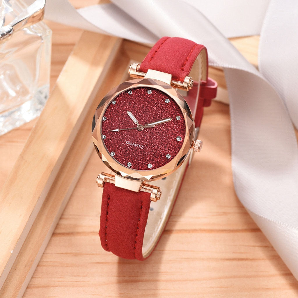 Casual Women Romantic Starry Sky Wrist Watch bracelet Leather Rhinestone Designer Ladies Clock Simple Dress Gfit  Montre Femme alfamoba