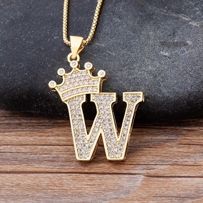 New Luxury Copper Zircon A-Z Crown Alphabet Pendant Chain Necklace Punk Hip-Hop Style Fashion Woman Man Initial Name Jewelry alfamoba