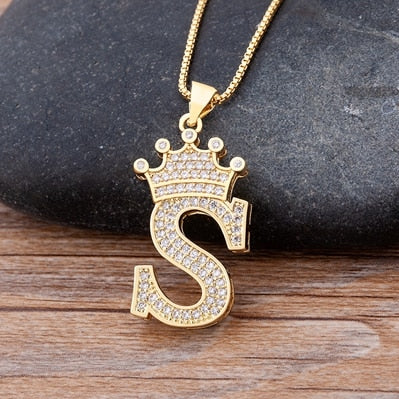 New Luxury Copper Zircon A-Z Crown Alphabet Pendant Chain Necklace Punk Hip-Hop Style Fashion Woman Man Initial Name Jewelry alfamoba