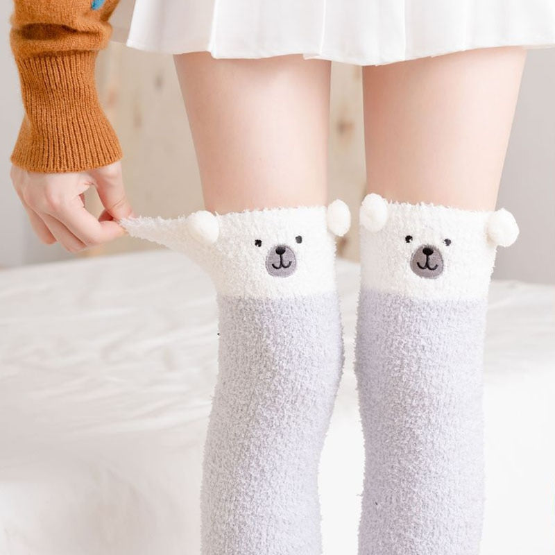 Soft Coral Fleece Knee Socks Winter Warm Girls Women Cute Cartoon Animal Stockings Striped Cozy Long Thigh High Socks Christmas alfamoba