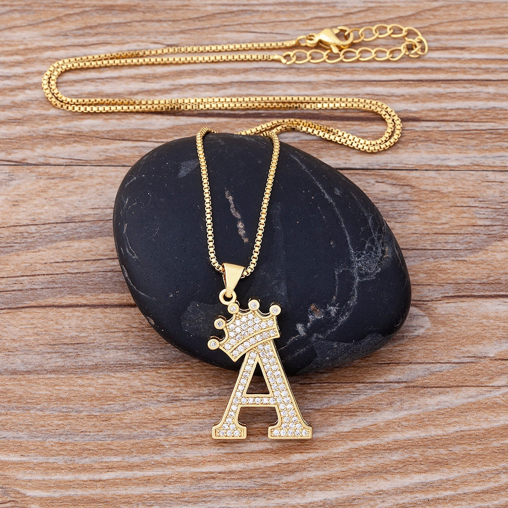 New Luxury Copper Zircon A-Z Crown Alphabet Pendant Chain Necklace Punk Hip-Hop Style Fashion Woman Man Initial Name Jewelry alfamoba