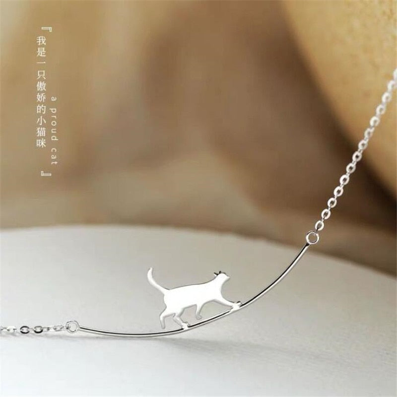 New Fashion Cat Curved Simple Personality 925 Sterling Silver Jewelry Cute Animal Walking Cat Clavicle Chain Necklaces N090 alfamoba