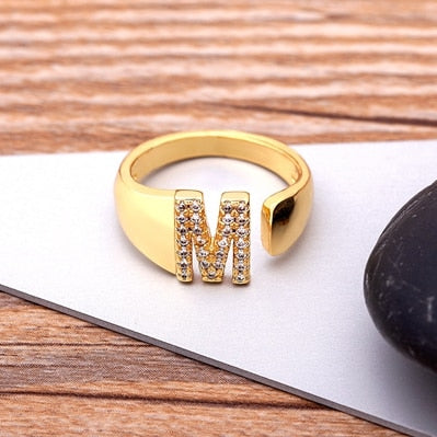 Fashion Chunky Wide Hollow A-Z Letter Gold Color Adjustable Opening Ring Initials Name Alphabet Female Party Wedding Jewelry alfamoba